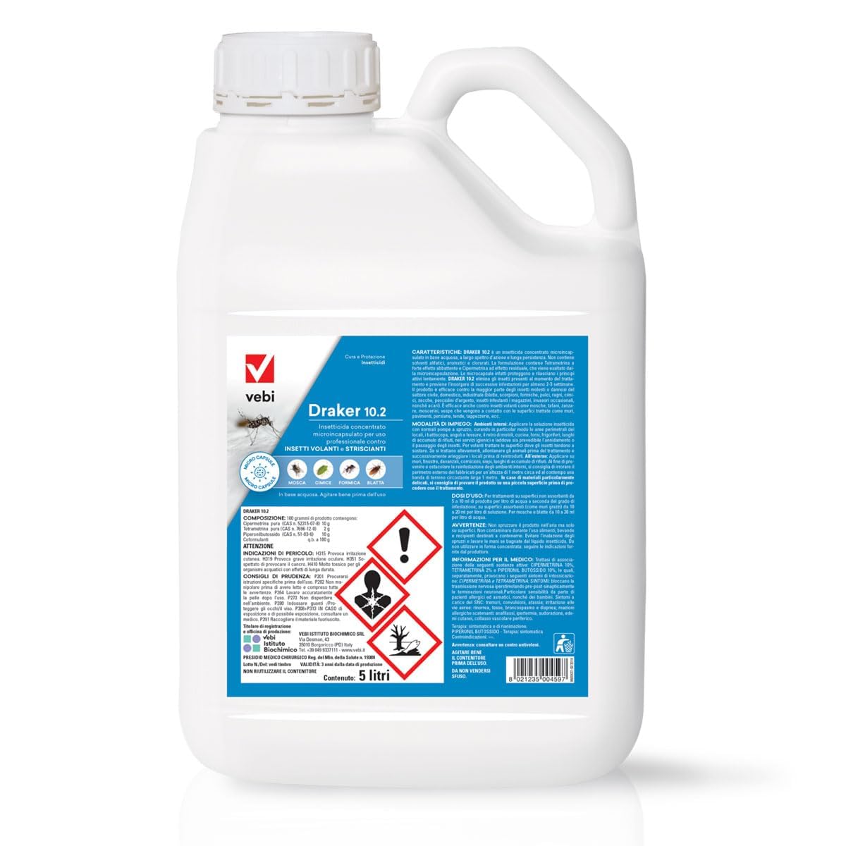 Insetticida Concentrato Contro Insetti Striscianti e Volanti, Azione Tecnologica Microincapsulazione, 100% Made in Italy - (2 TANICHE DA 5 litri)
