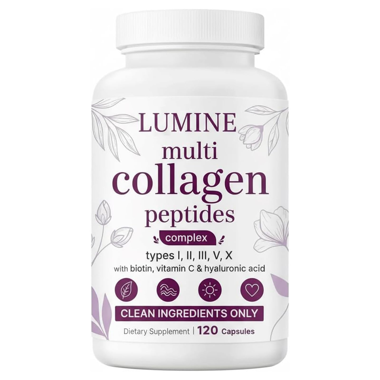 LUMINE Organics Collagen Peptides, Collagen with All 5 Types,Hydrolyzed Collagen Supplement with Biotin,Hyaluronic Acid & Vitamin C, Non-GMO Ingredients, Vegan-Friendly, 120Capsules