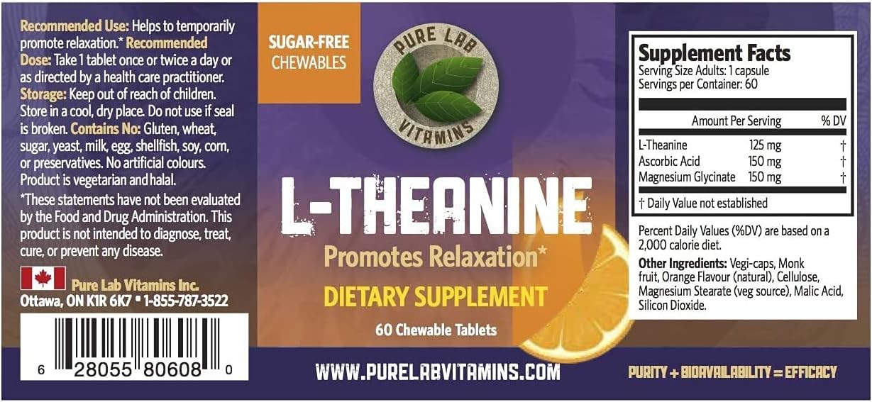 Pure Lab Vitamins L-Theanine 125 mg - 60 Sugar Free, Chewable Tablets 30 Days Supply | Promotes Relaxation, Mental Focus | Improves Sleep Quality Made in Canada