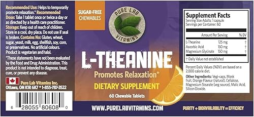 Miniatura 3 de Pure Lab Vitamins L-teanina 125 mg - 60 tabletas masticables sin azúcar, suministro de 30 días | Promueve la relajación, el enfoque mental | Mejora