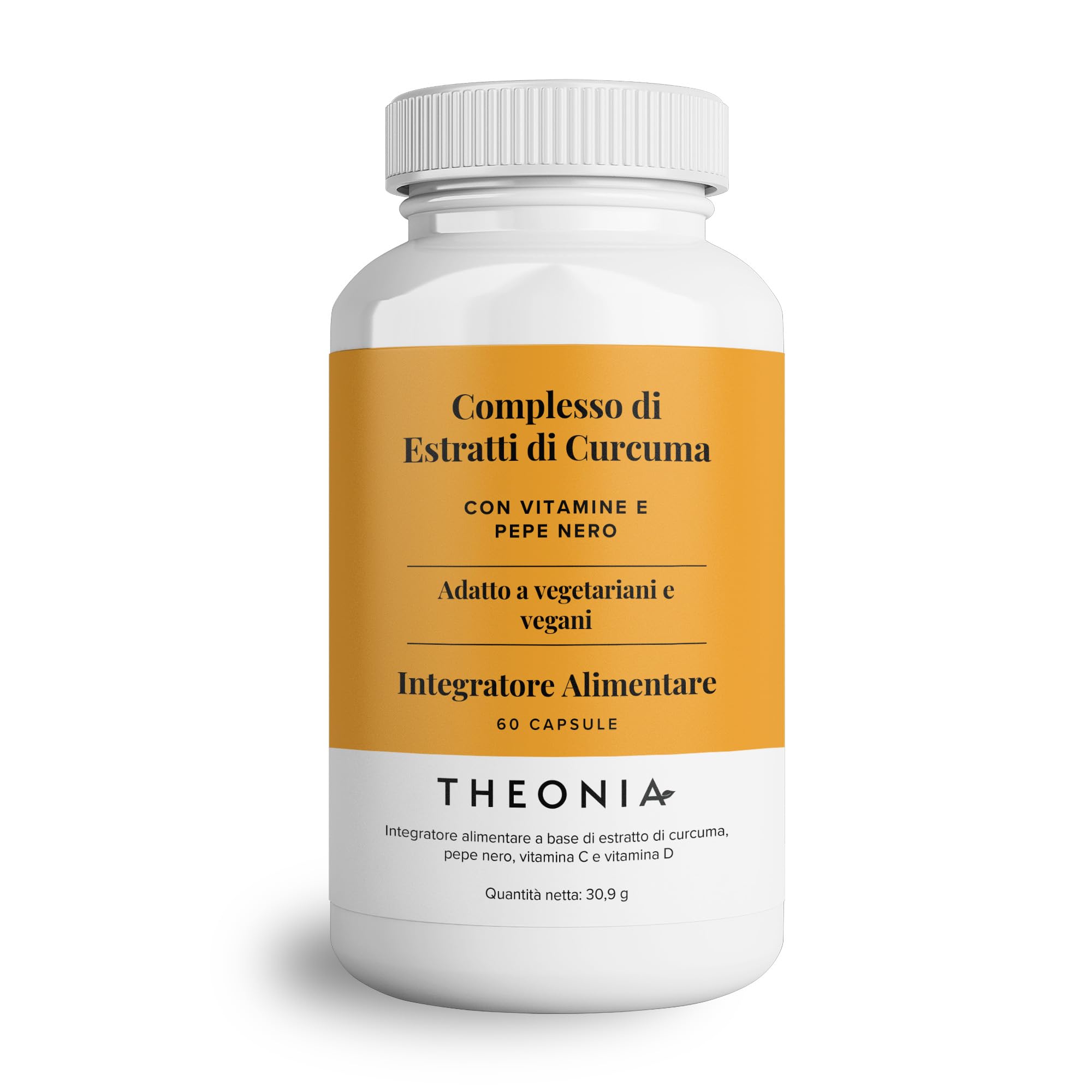 Theonia complesso di estratto di curcuma - Vitamina D3 e C, estratto di pepe nero - Supporta i muscoli e le articolazioni - Massima efficacia e maggiore assimilazione - 60 capsule vegane