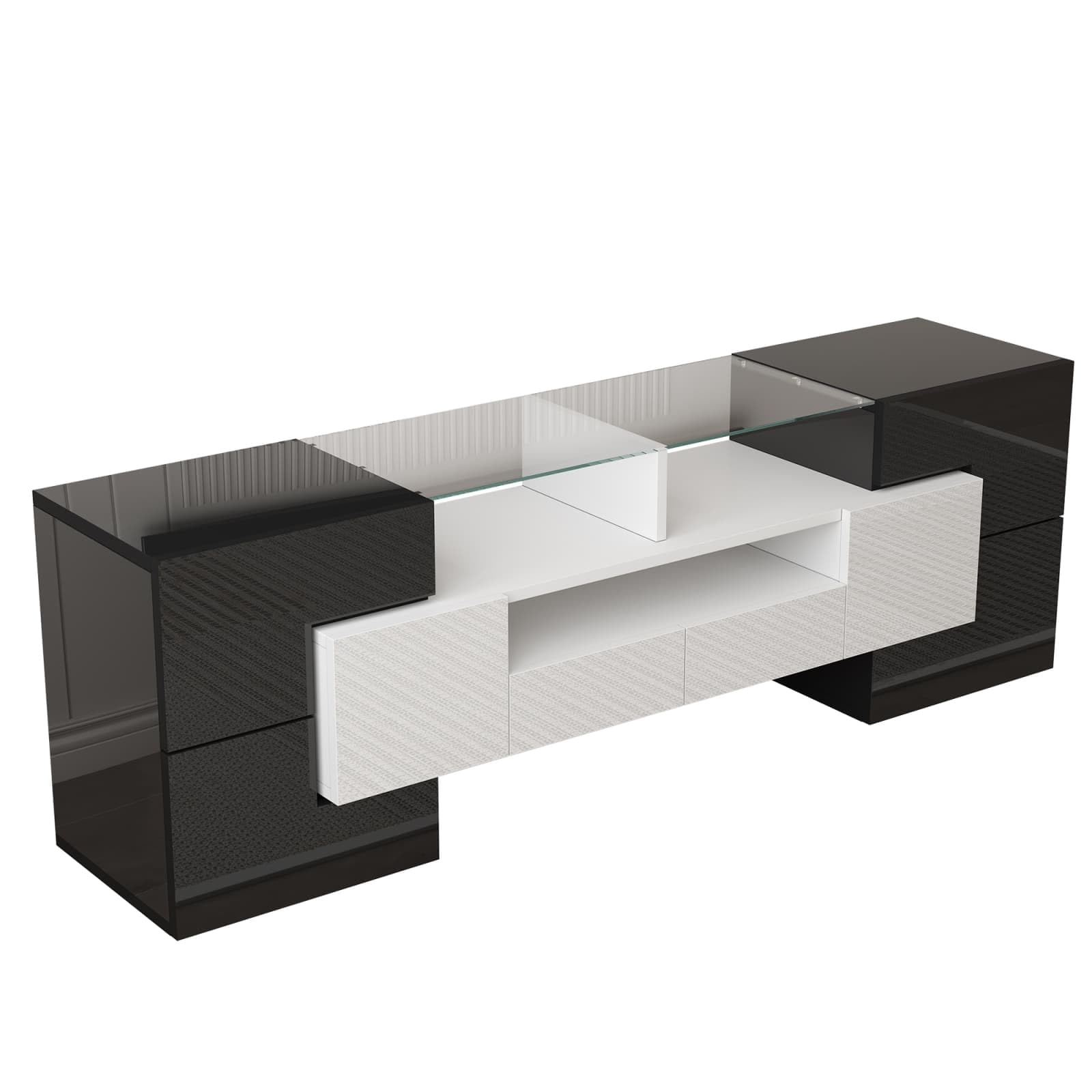 KOMHTOM Meuble TV Moderne avec 6 Portes et 2 Tiroirs, Meuble de Salon avec éclairage LED, pour Salon, Salle à Manger et Chambre à Coucher
