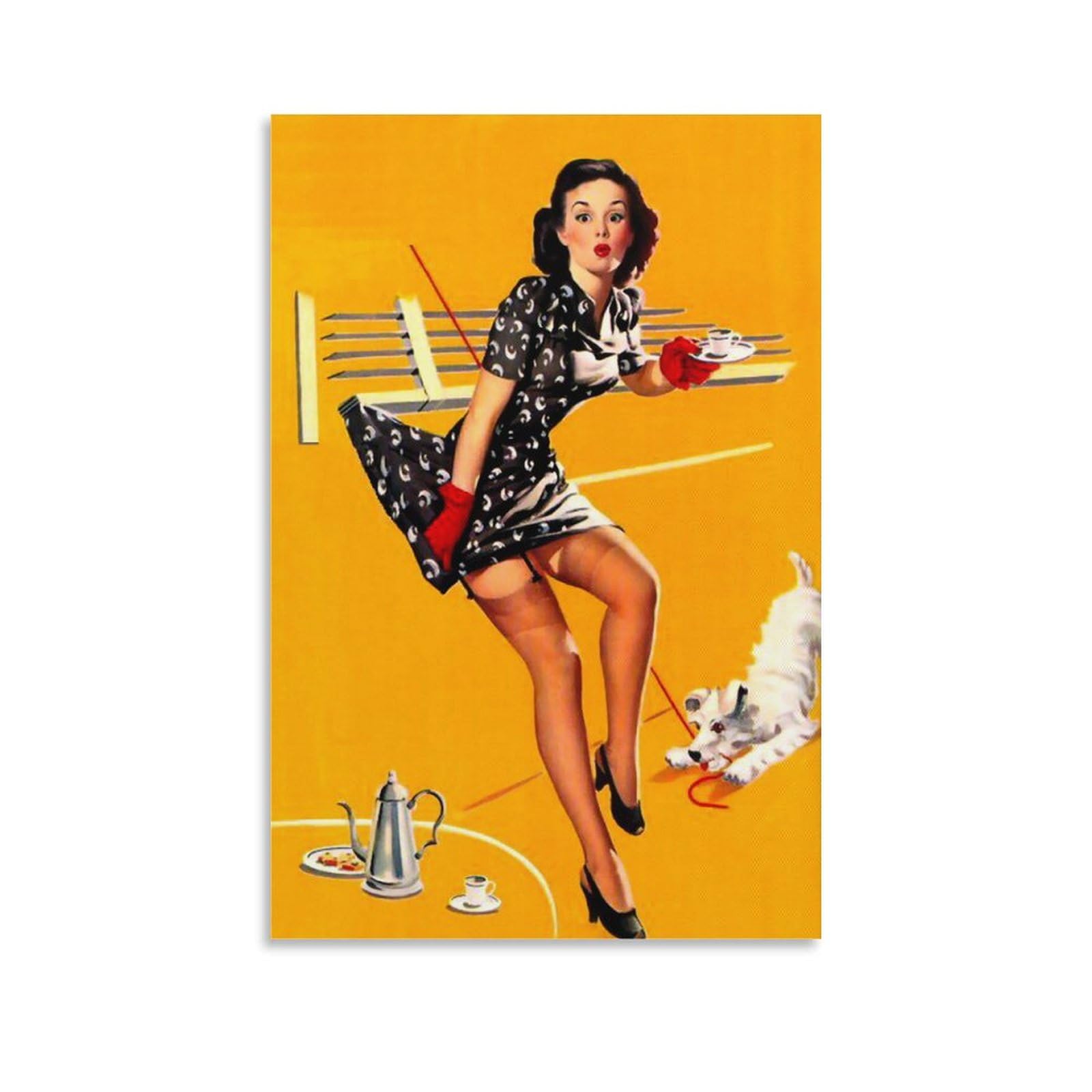 Girl With White Puppy by Gil Elvgren Wall Art Prints Poster Wall Art Poster Scroll Canvas Painting Picture Living Room Decor Home 12x18inch(30x45cm)