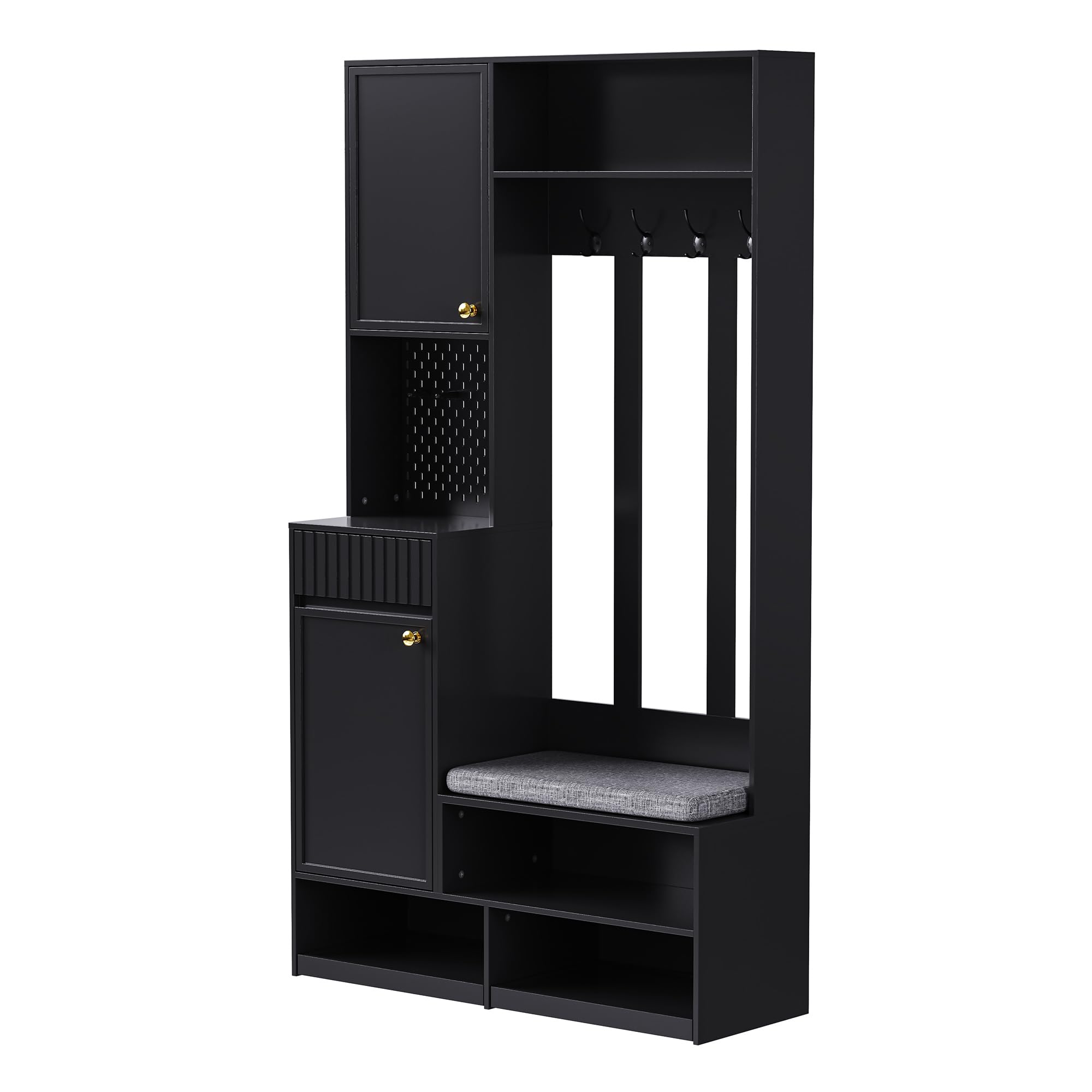 Meuble d'entrée 100x35x180cm, Penderie de Couloir avec Banc, Armoire à Chaussures, 4 Crochets, casier, 2 tiroirs, Panneau perforé Pratique, Porte-Manteau pour entrée (Noir-71S)