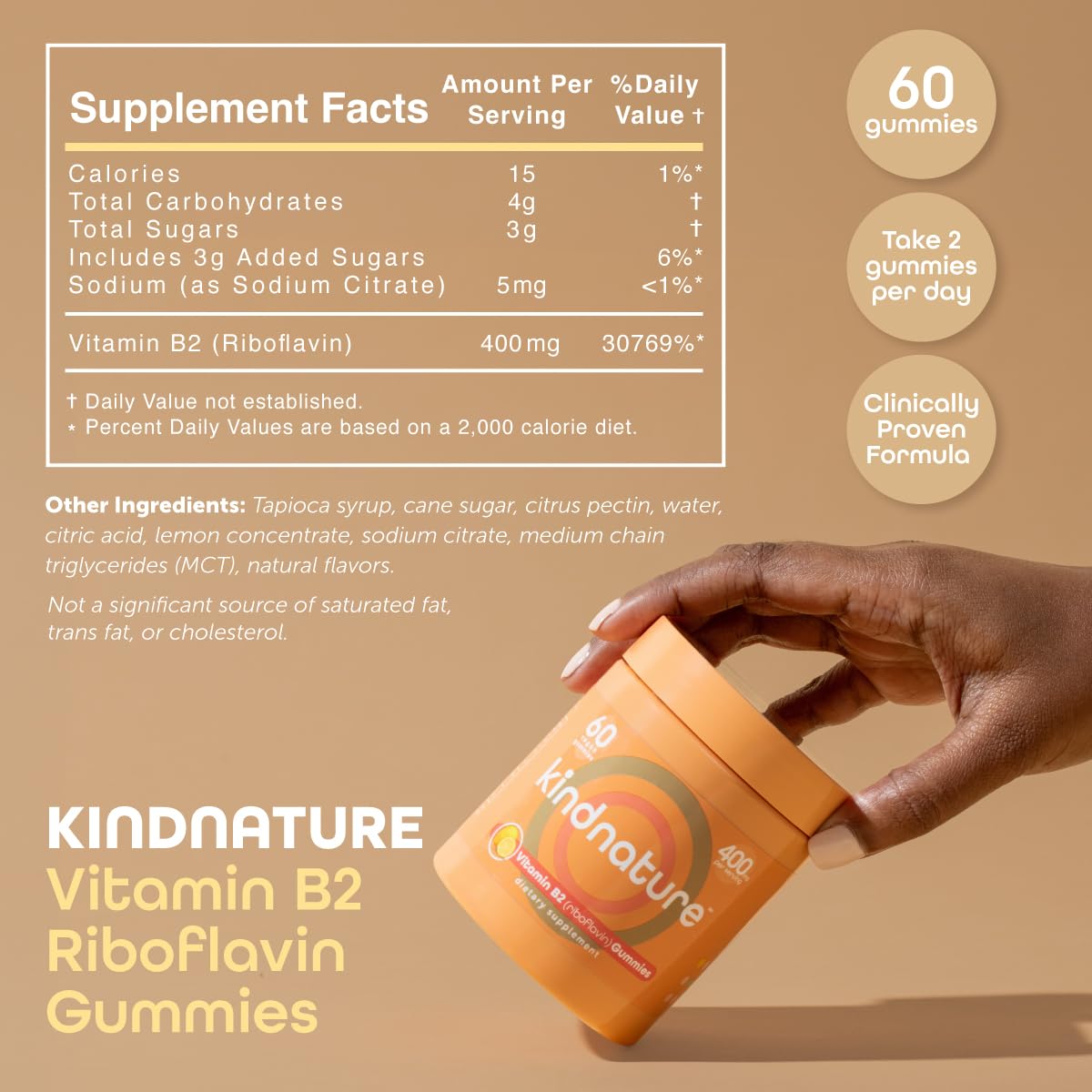 kindnature Vitamin B2 Gummies - Riboflavin 400mg Supplement for Kids & Adults - Non-GMO, Soy & Gluten-Free, Vegan Chewable Gummies (30 Day Supply)