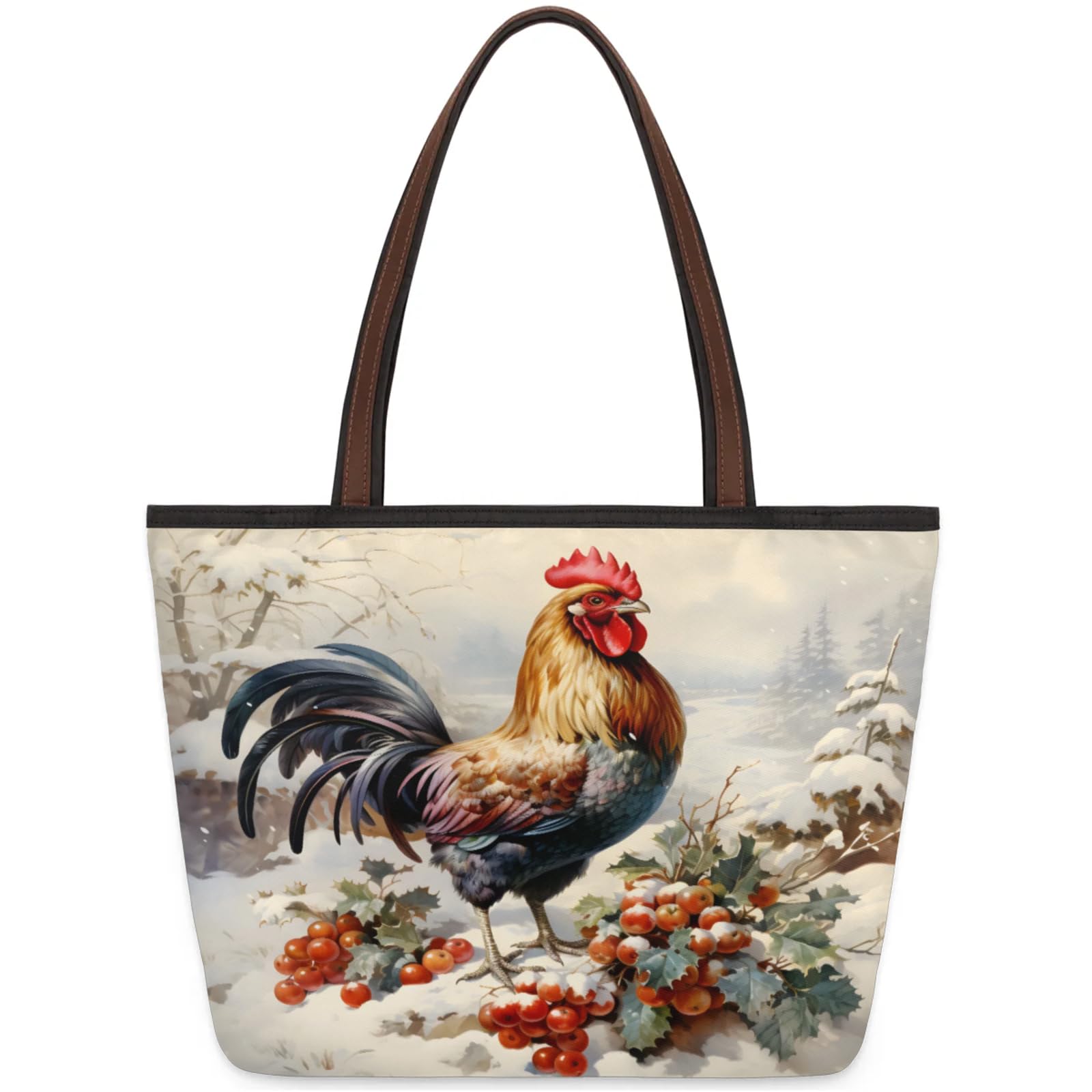 Rooster Berry Snow Tote Bag Multi Pocket Zippered Beach Bag Lightweight Waterproof Handbag for Women Men Work Gym Travel Swimming Yoga Grocery Shopping M