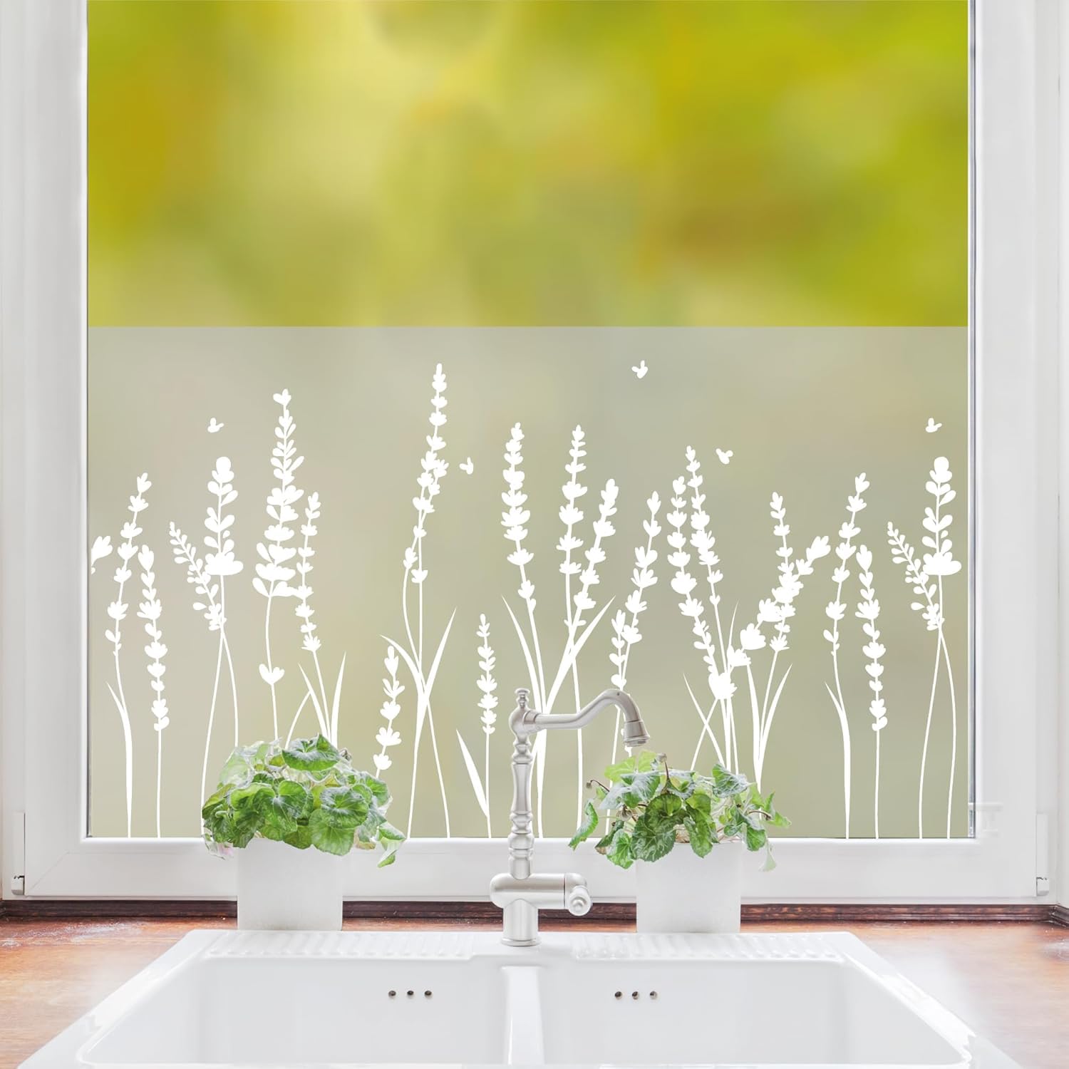 Sichtschutzfolie Lavendel Florale Fensterfolie Fensterdeko Milchglasfolie Wiederverwendbar Sichtschutz, 75 cm hoch, 110 cm breit