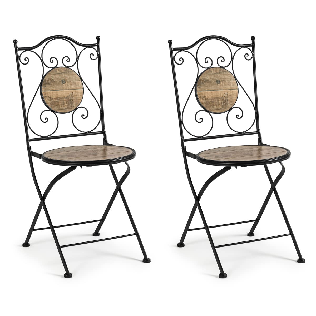 Yellowshop Set Bistrot da Esterno, Veranda, Balcone, Giardino 3 Pezzi Kansas, Tavolo con 2 Sedie Pieghevoli in Metallo Nero con Ceramica Effetto Legno Naturale