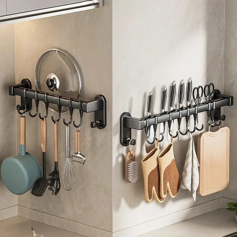 Miniatura 7 de AmoiChic - Estante adhesivo para ollas montado en la pared, para cocina, tapa desmontable, organizador de utensilios con 6 ganchos para cocina,