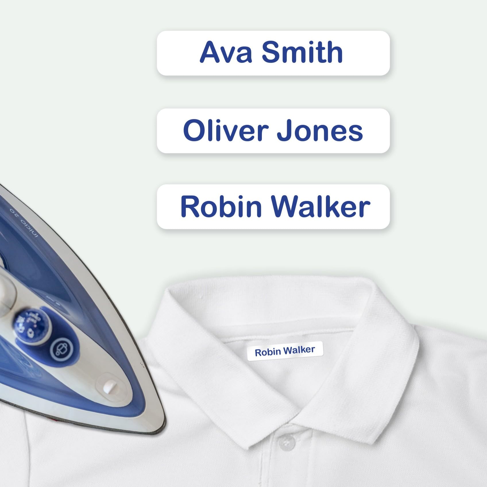 EASY2NAME Iron on Name Labels - Personalised Kids Clothing Label. Permanent Ink and Flexible Material. Washing Machine and Dryer Safe. Size: 9mm x 52mm. (Blue, 60)