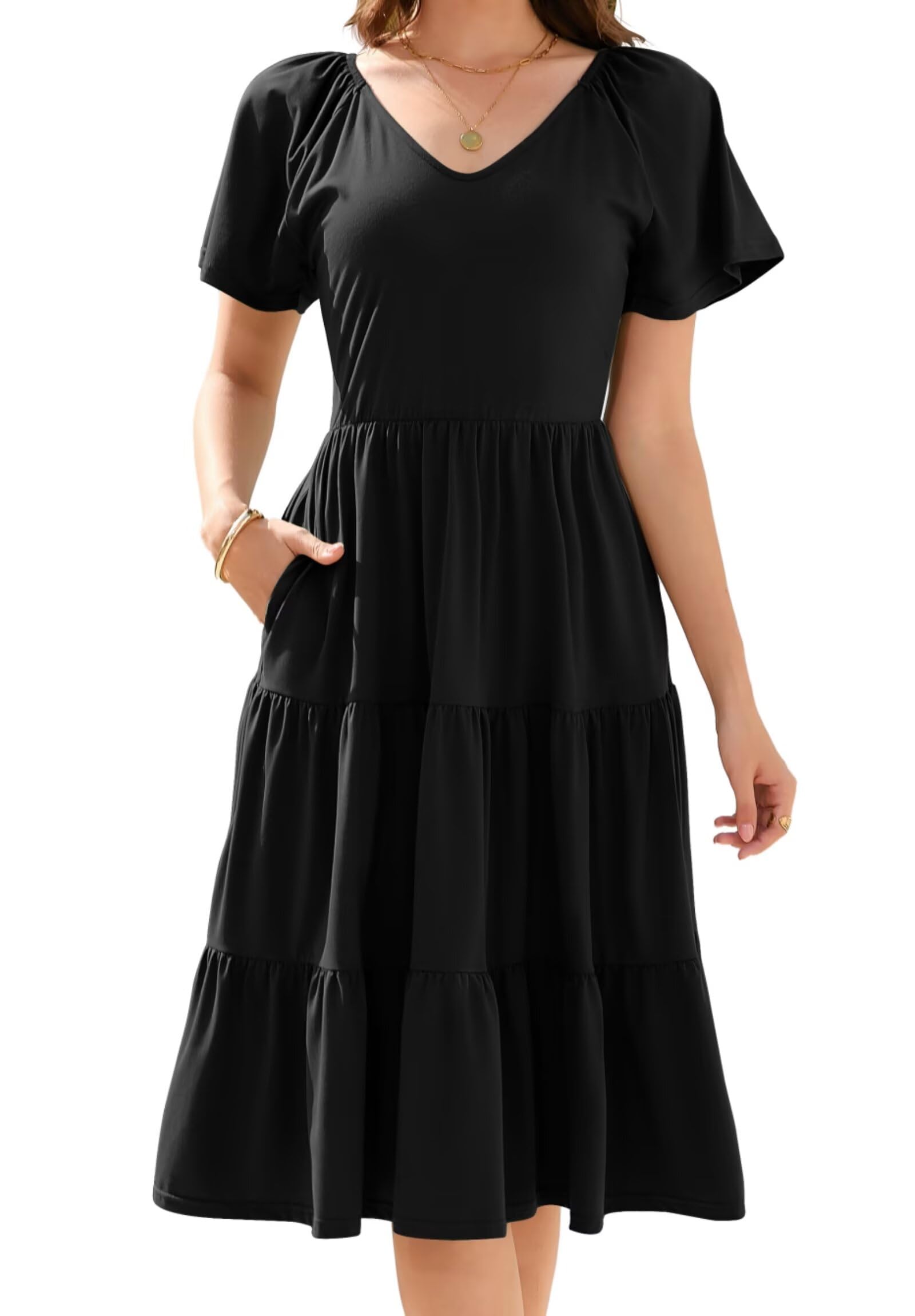 LEADINK Women Summer Dress 2025 Short Sleeve V Neck Midi Dresses Breathable Cotton Casual Boho Beach Vacation Sundress