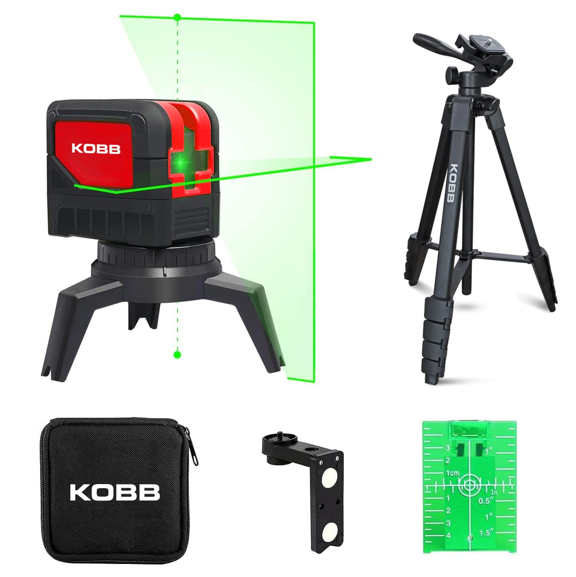 KOBB KBL92GTP 30 Metre Profesyonel Yatay ve Dikey Otomatik Hizalamalı Yeşil Çapraz Çizgi Lazer, 2 Noktalı Şakül Lazer Distomat + Mini Tripod + Tripod, Kırmızı/Siyah