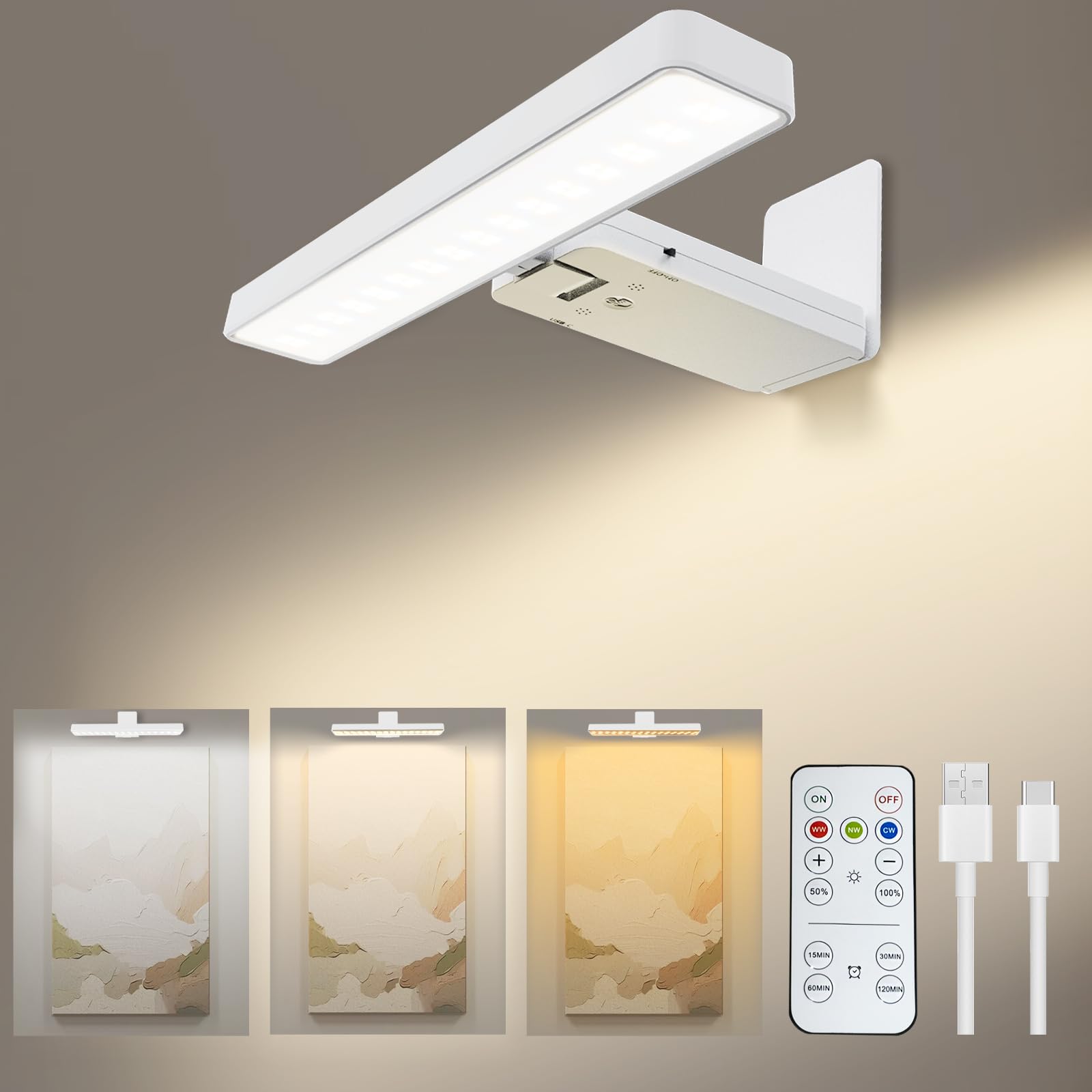 Picture Lights Battery Operated, Rechargeable Picture Frame Lights for Wall, LED Cordless Wall Lights Dimmable & Timmer with Remote Control for Arts, Paintings, Gallery, Dartboard, 3 Color Modes