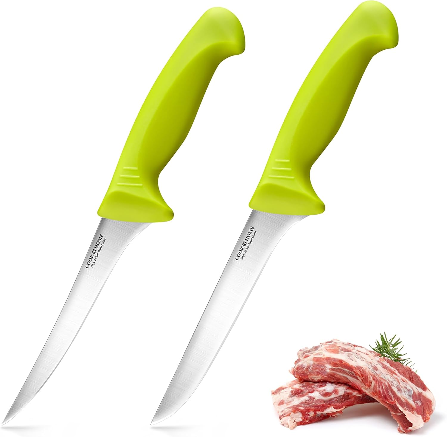 Cook N Home Boning Knife Set 2-Piece, 6-inch High Carbon German Stainless Steel Flexible Curved and Straight Stiff Boning Kitchen Knives, Ergonomic Handle, Green (6" Green) Thumbnail