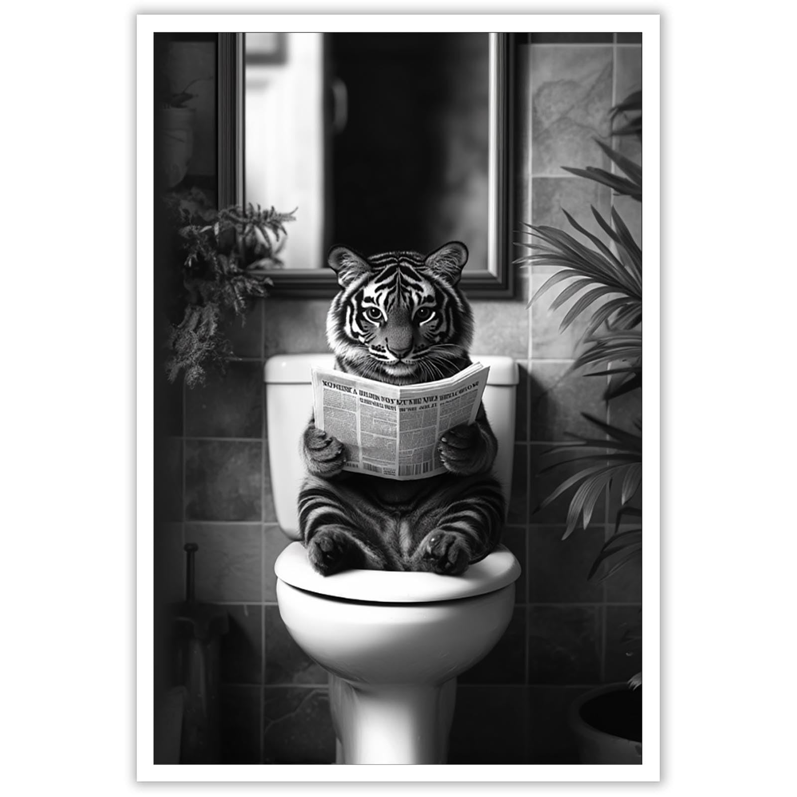 Funny Bathroom Tiger Wall Art Black and White Canvas Posters - Hilarious Restroom Animal Prints for Pet Store Living Room Decor - 12x16in Unframed