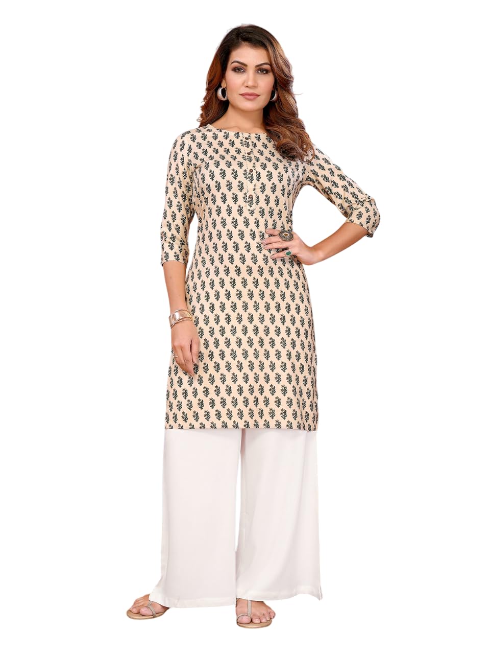 rangita Beige Rayon Straight Printed Knee Length Kurti | Kurta for Women, Beige, M