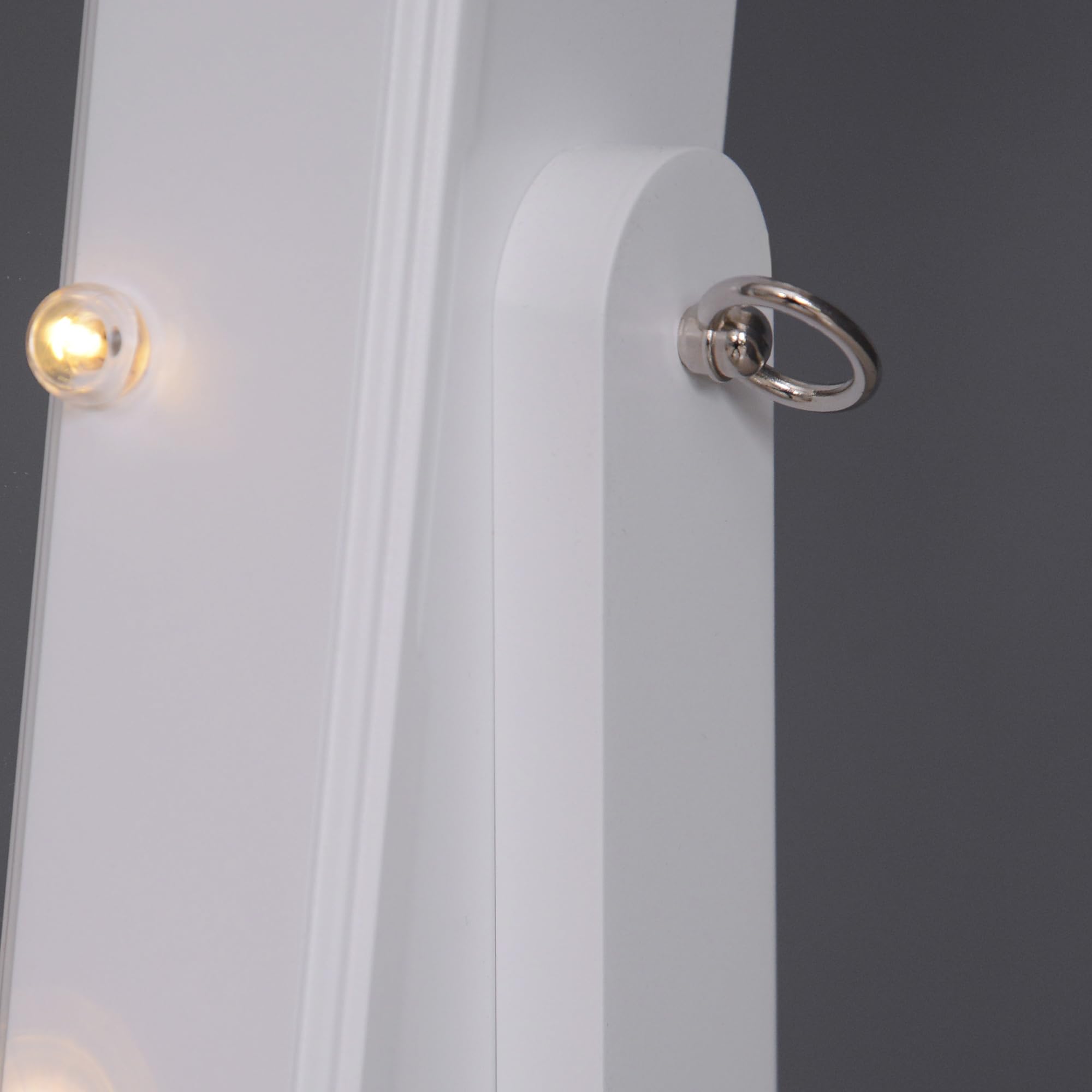 HOMCOM Espejo Joyero con 20 Luces LED Armario Joyero Reclinable con Guardajoyas Anillos Pendientes Collares Cerradura y Llaves 40x37x146 cm Blanco