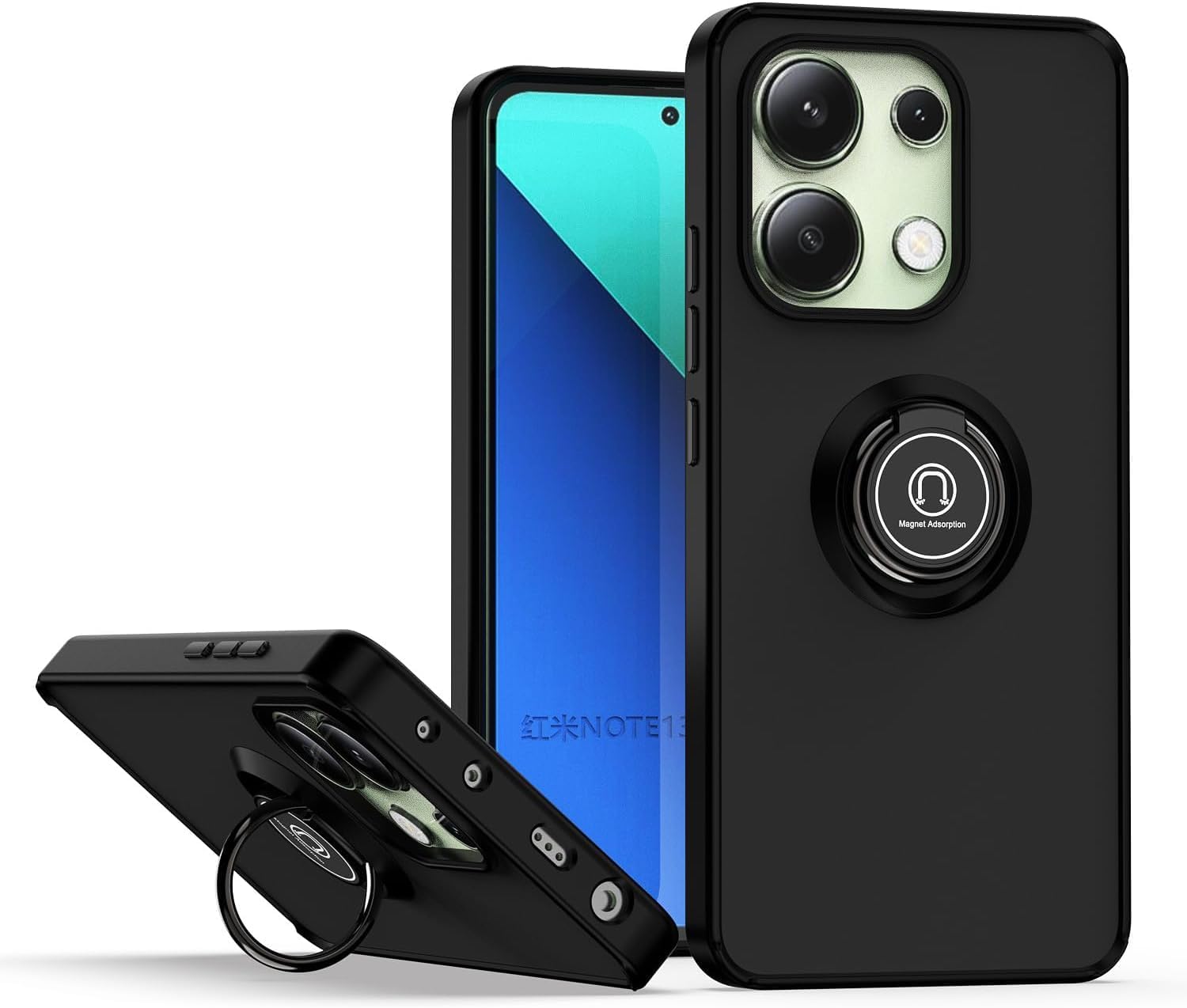 Zubitech Case For Xiaomi Redmi Note 13 4G (not for 5G Version) Rotational Metal Ring Grip Kickstand Cover Magnetic Car Mount Holder Case Shockproof TPU Bumper for Redmi Note 13 4G (Black)