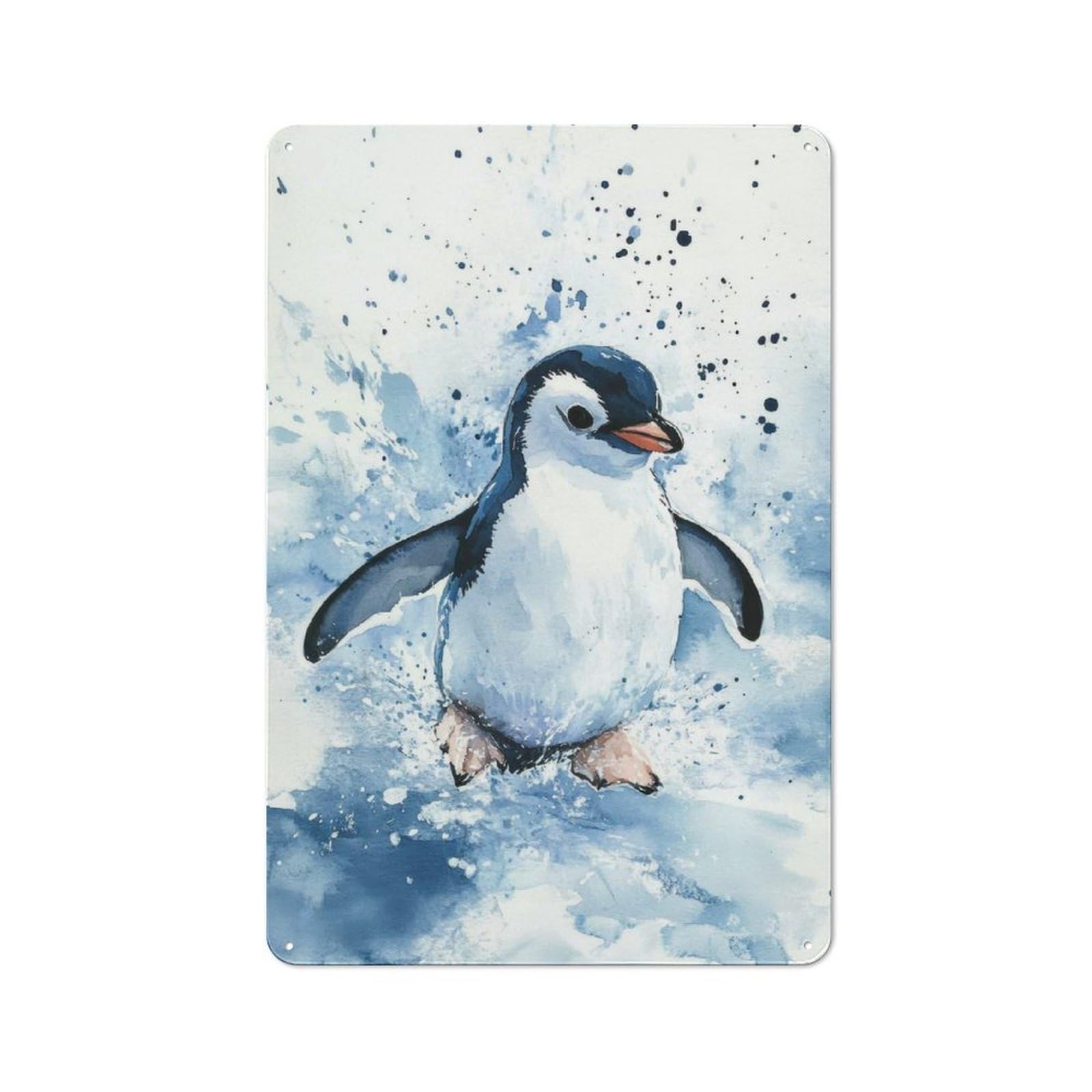 Junmoney Penguin Watercolor Painting Metal Wall Plaque 30X20cm, Simple Retro Office Wall Decor For Office, Study, Studio Or Hallway
