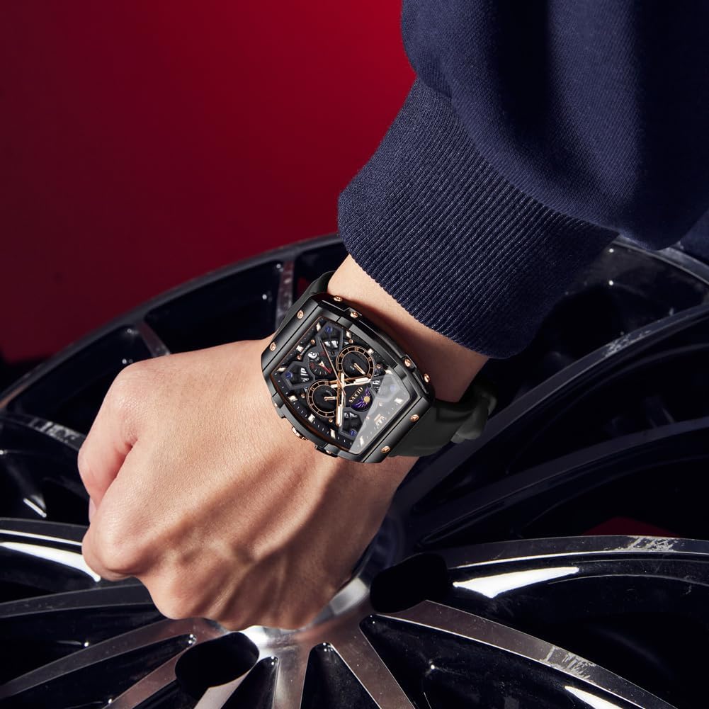 OLEVS Mens Watches Luxury,Silicon Strap Watches for Men,Chronograph Waterproof Business Large Face Tonneau Quartz Fashion Men’s Wrist Watch Dress Relojes para Hombres(Red/Yellow/Black/White Strap) - Image 8