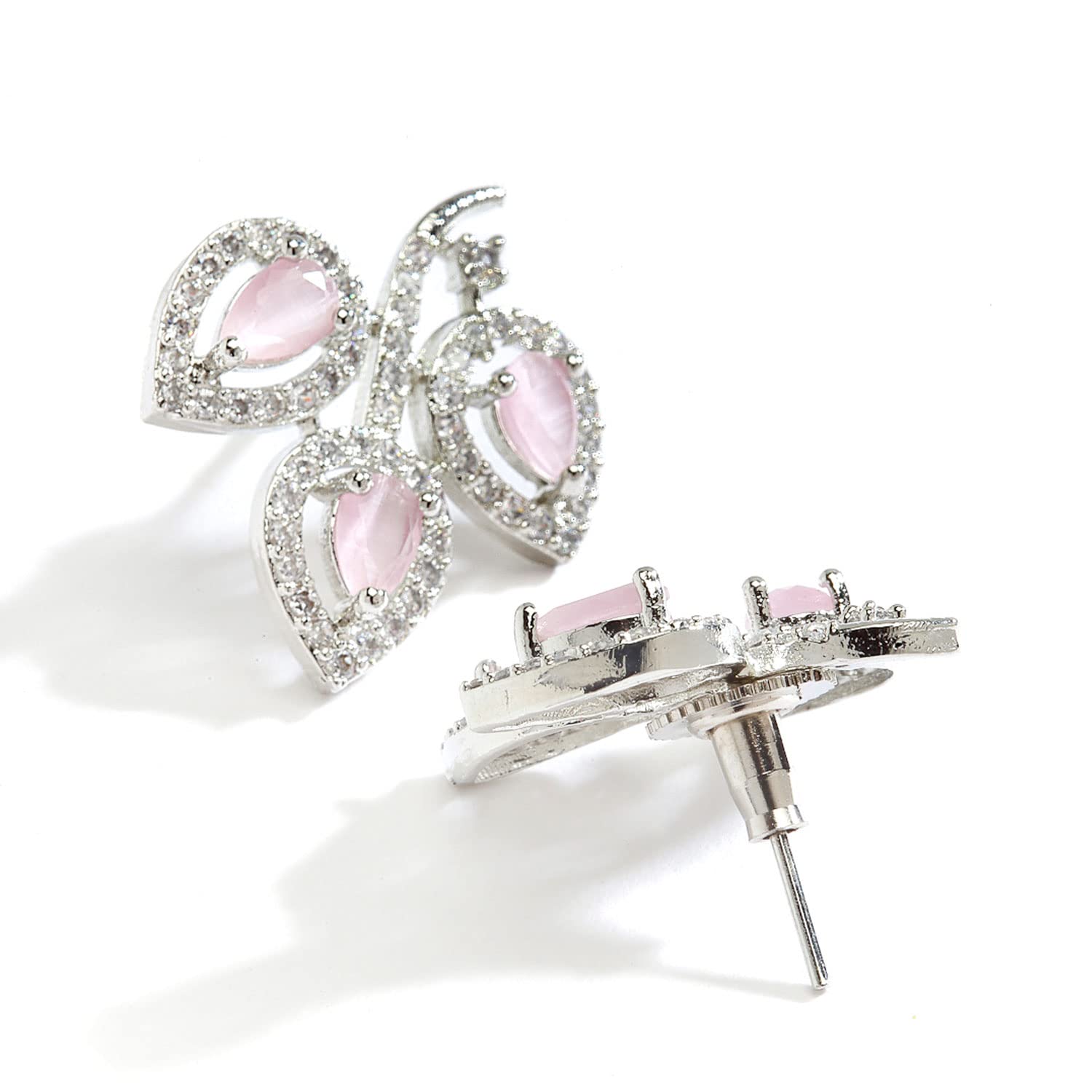 Leaf Shaped Rhodium Plated AD Stud Earring (Pink)