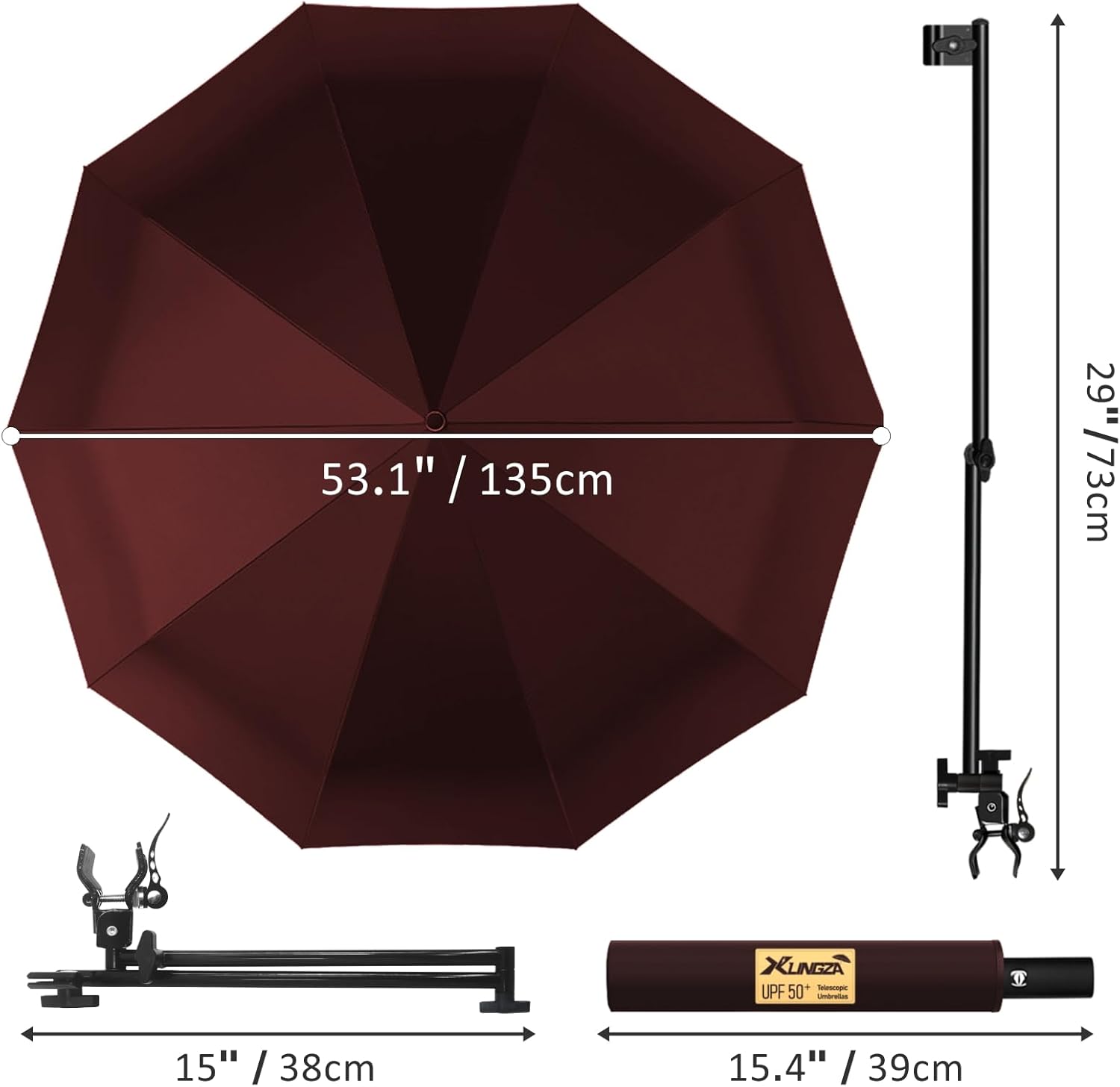 XLINGZA UPF 50+ Beach Umbrella with Adjustable Universal Clamp