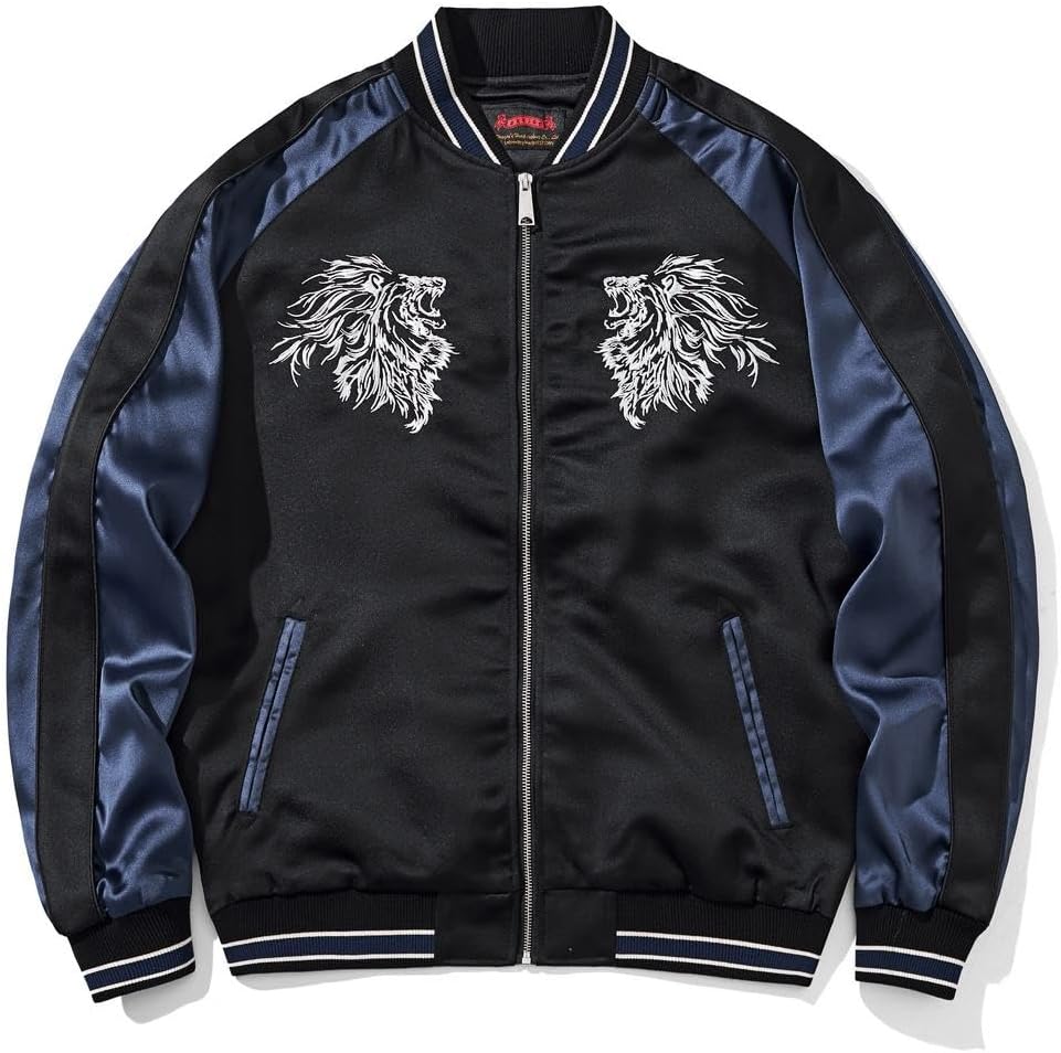 Japanese Lion Embroidery Mens Bomber Jacket Vintage Hip Hop Streetwear Satin Zip Up Long Sleeve Windbreaker - Image 3