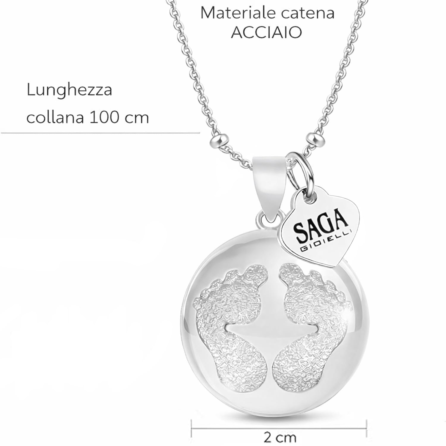 SAGA GIOIELLI Collana Donna Chiama Angeli, Gravidanza, Richiamo Degli Angeli, Collana Lunga Future Mamme, Piedini Lavorati, Collana Acciaio 100 cm, Confezione Regalo