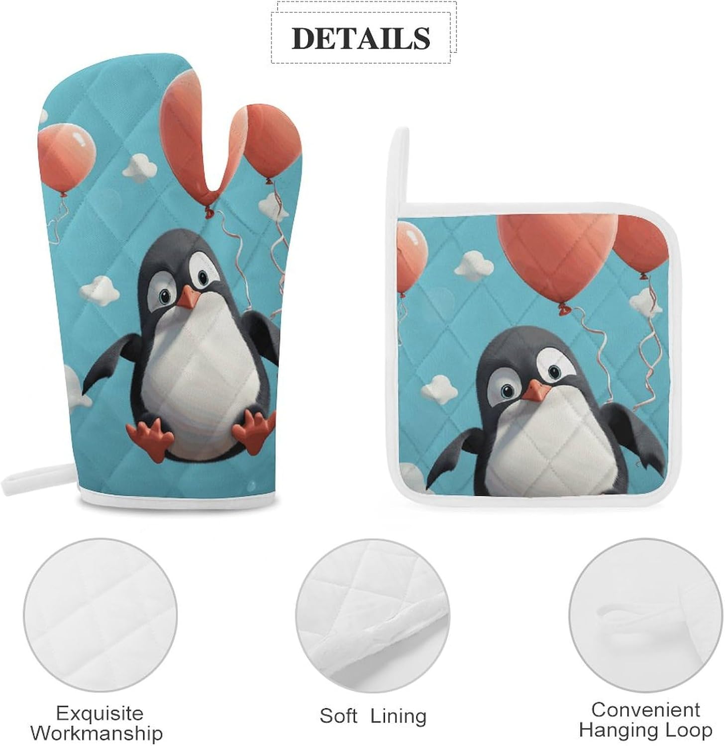 Oven Mitts Pot Holders Kitchen Cute Penguin with Balloon Heat Resistant Oven Glove for Baking and Cooking