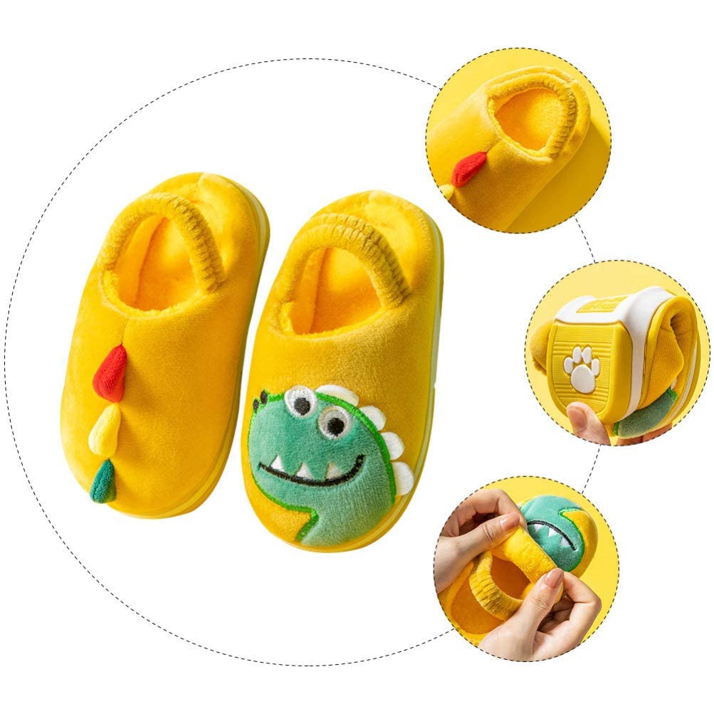 Pantuflas de dinosaurio de felpa para niños, con dibujos animados, para invierno, para casa, para exteriores, interiores, 1 par (color: amarillo, tamaño: 6,5 niños)