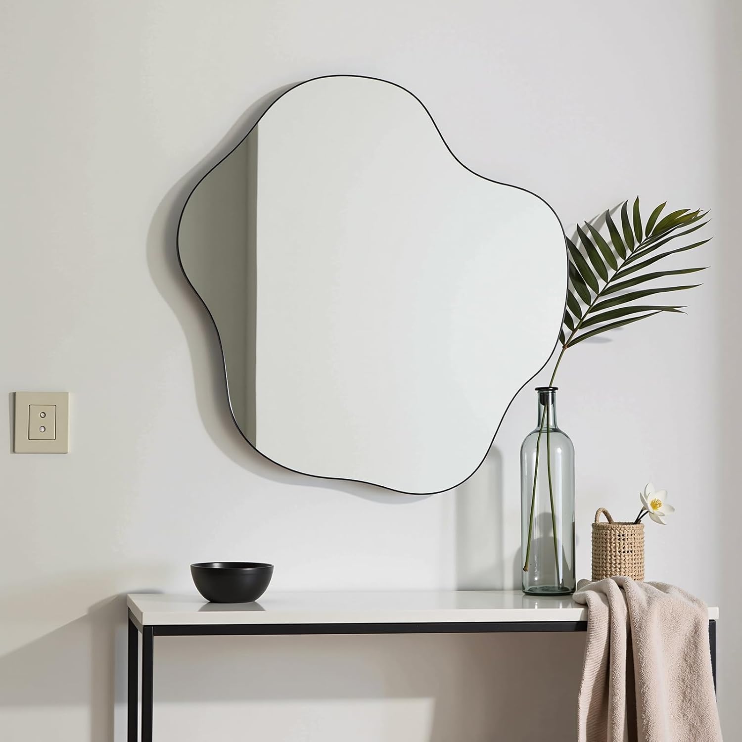 26"X30" Black Scalloped Mirror, Irregular Cloud Wavy Edge Vanity Mirror, Asymmetrical Flower Shaped Wall Mirror for Living Room Bathroom Bedroom Entryway Black 30"L x 26"W