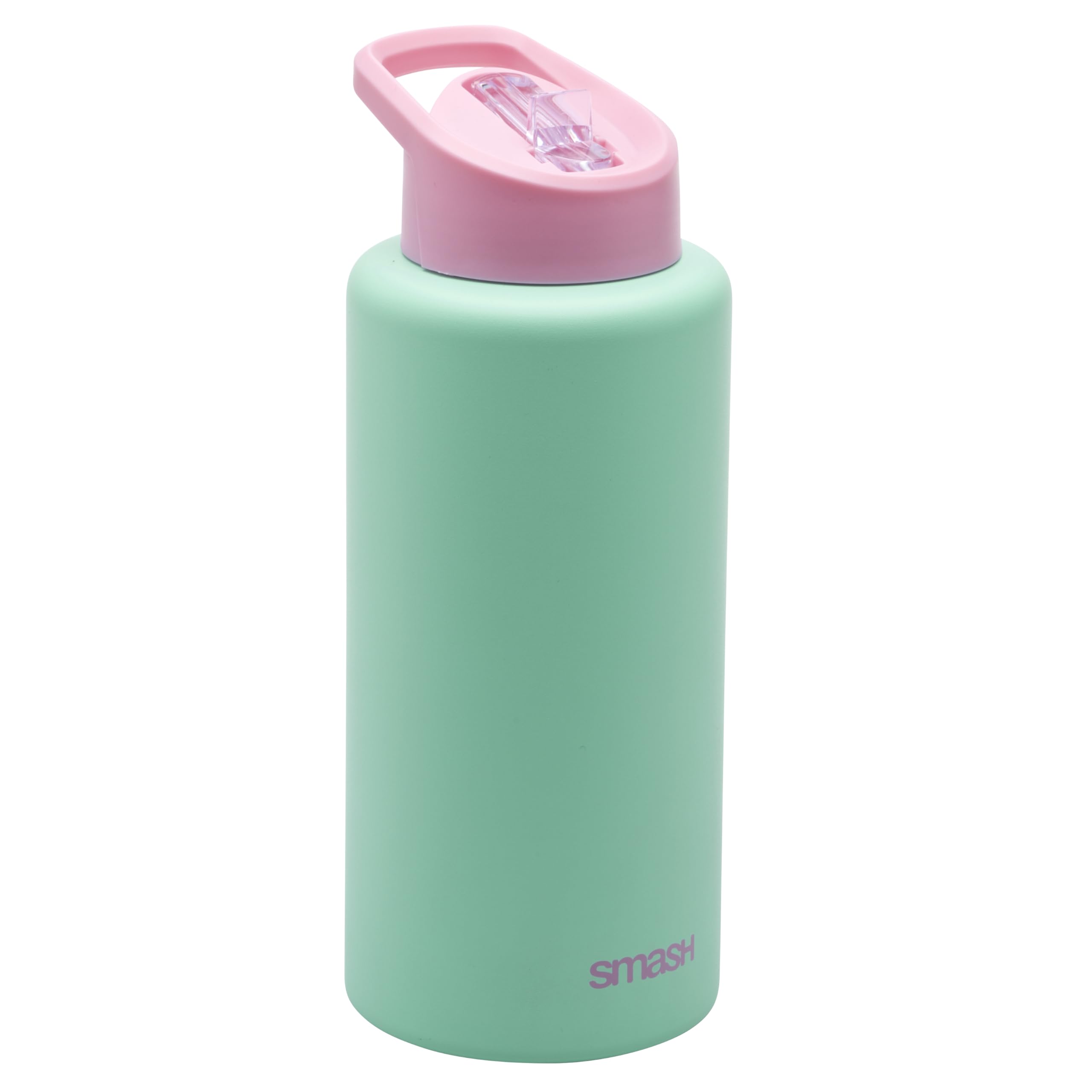 Smash Reusable 1 Litre Stainless Steel Double Wall Water Bottle with Flip Top Lid and Straw- Light Pink/Mint