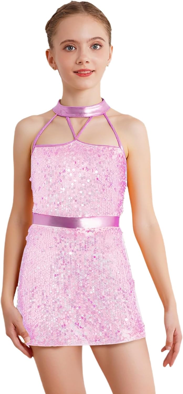 Kids Girls Sequins Jazz Dance Dress with Bult-in Shorts Halter Neck Zip Back Hip Hop Dance Outfits