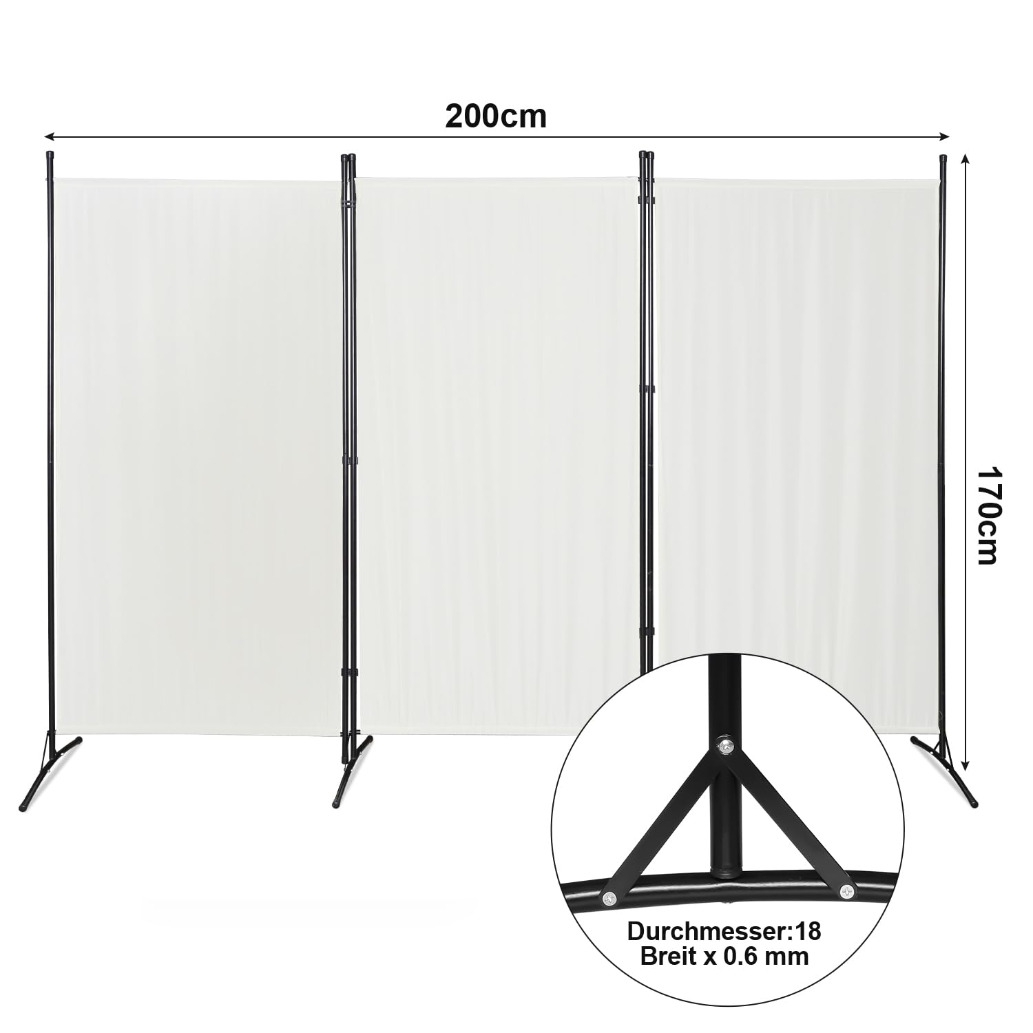 Paravento 260 cm x 180 cm, Divisorio in 3 pezzi, pieghevole, autoportante, protezione per la privacy, separé interno, per uffici, camere da letto (Beige)