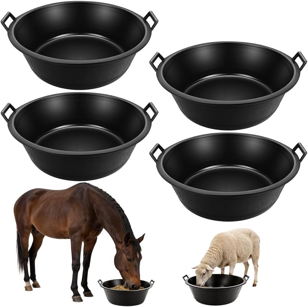 4Pcs Large Rubber Feeder Pan, 8.6 Gallon Horse Feed Bucket Water Bowl, Heavy Duty Horses Feed Bucket Dog Bowl Horse Feeder Pan for Cats Dogs Goats Chicken Dust Bath Container Farm Animal Feeding