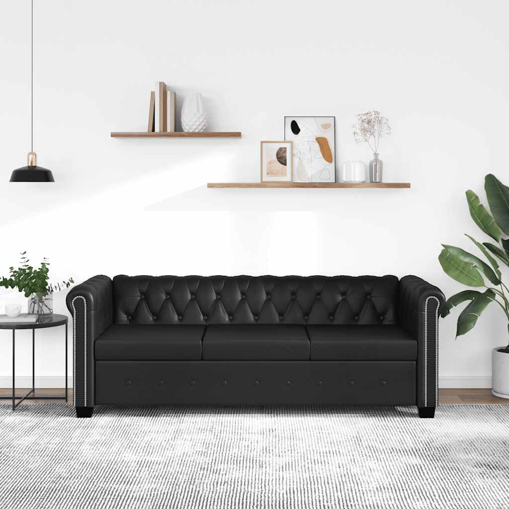 Sofá Chesterfield de 3 plazas, piel sintética, color negro, clásico con cierre de botones y remaches, elegante sofá acolchado de tres plazas para salón y oficina, 200,5 cm de ancho