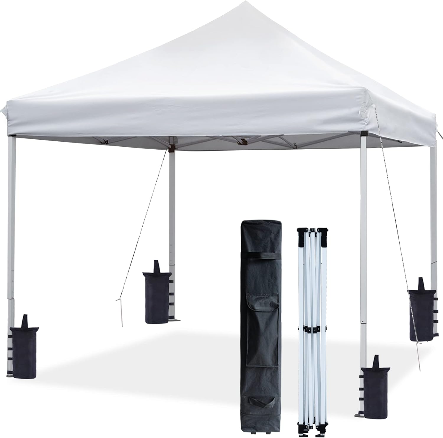 AsterOutdoor 10'x10' Commercial Heavy Duty Pop Up Canopy with Adjustable Leg Heights, Wheeled Carry Bag, Sandbags, Stakes and Ropes, White