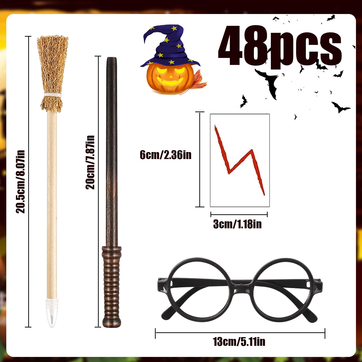 48 Piezas Lápiz de Varita Mágica y de Escoba de Bruja con Gafas de Mago sin Lentes Tatuaje Pegatinas de Rayo para Halloween Cumpleaños Decoración de Fiesta de Disfraces