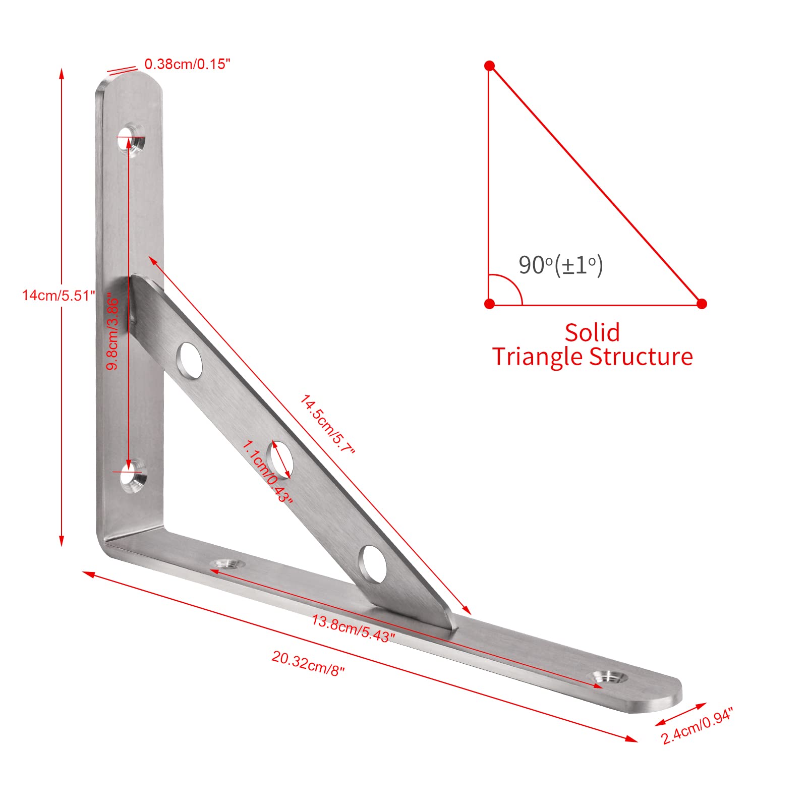 YUMORE Shelf Bracket 8", Heavy Duty Stainless Steel Solid Shelf Support, Right Angle DIY L Bracket, Max Load: 220 lb, Pack of 2