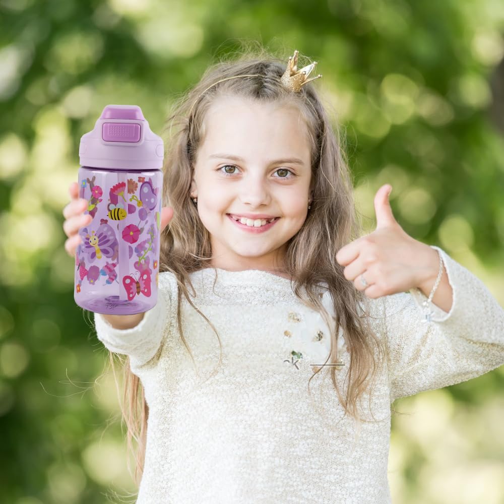 Gourde Enfant, 400ml, Robuste, Incassable, Anti Fuite, Sans BPA, Ouverture par Simple Pression, Facile à Nettoyer, avec Paille, Idéale pour l'École et l'Extérieur (Papillon) - 4