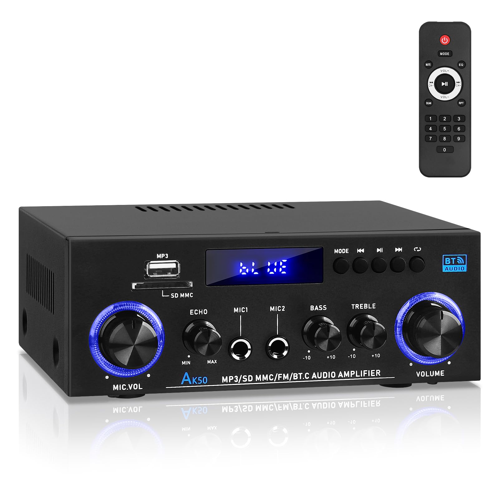 AK50 Bluetooth Amplifiers RMS 60WX2 Home Audio Stereo Amp Receivers 2.0 Channel Max 400W Output Mini Power Amplifier Speaker Amps w/FM Radio, Echo, MIC, USB, SD Input for Home,Car,Party-image-15