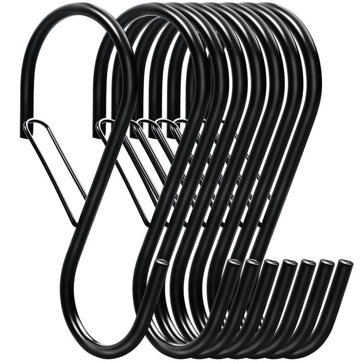 Black S Hooks Hanging Safety Buckle with Large Opening Fit Most of Rod, Heavy Duty S Shaped Closet Hook Metal Rack Hooks for Hanging Jeans,Clothes,Purse,Plants,Kitchen Pots, Pans- 4 inch, (8 Pack)