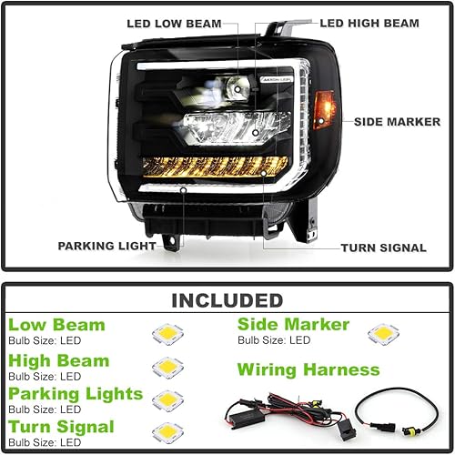 Miniatura 2 de ACANII - Para 2014-2015 GMC Sierra 1500 15-19 2500 3500 LED negro giro secuencial DRL LED proyector faros delanteros
