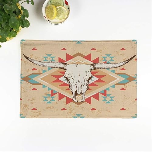 Rouihot - Juego de 4 manteles individuales con diseño de calavera de toro en nativo americano mexicano, tradicional, antideslizante, para mesa de