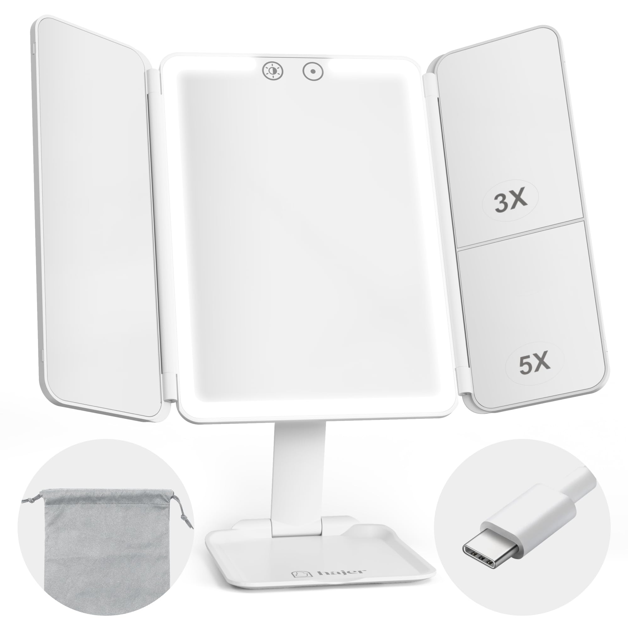 hajer Specchio da trucco luminoso a LED + custodia per il trasporto, ingrandimento 1X/3X/5X, 3 modalità di illuminazione, touch e ricaricabile USB-C con batteria al litio. Specchio portatile