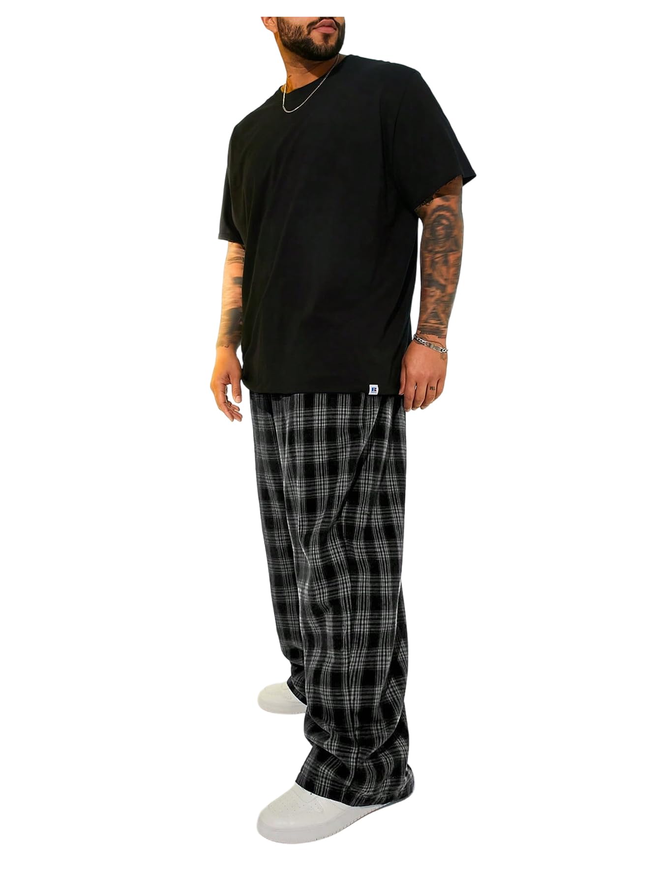 SweatyRocks Mens Plaid Wide Leg Pants Vintage Elastic Waist Loose Long Trousers with Pockets