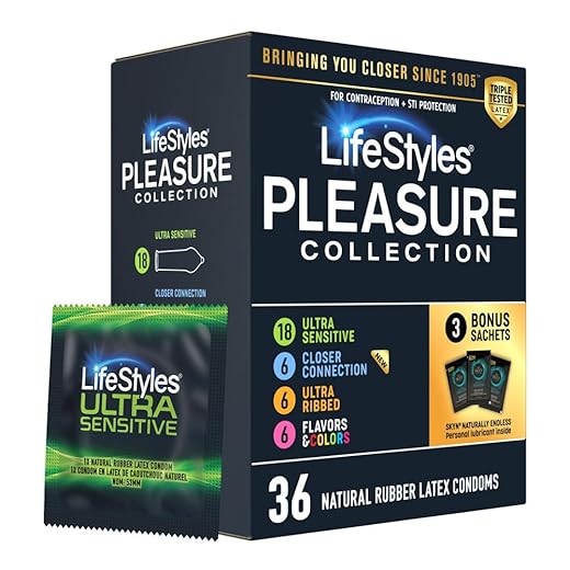Lifestyles Pleasure Collection Assorted Lubricated Natural Latex Condoms, 36 Count, 3 Bonus Personal Lubricant Sachets, Triple Tested (Pack of 1)​