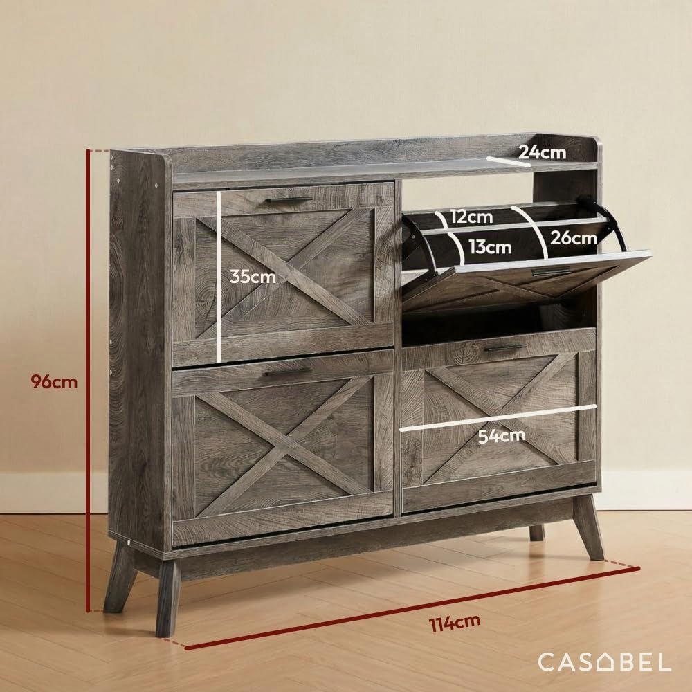 CASABEL Scarpiera 4 Ribalte, Frontali con motivo a croce, Legno Scuro, Design Funzionale, Grande Capacità 24 Paia, Mobile Pratico per Corridoio, Ingresso o Soggiorno, 114x24x96 cm
