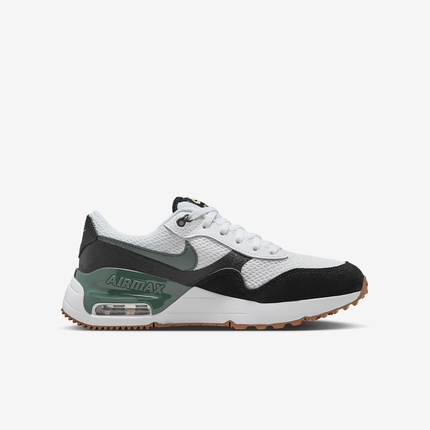 Nike Air Max SYSTM Big Kids' Shoes (DQ0284-115, White/Black/Barely Volt/Vintage Green) Size 4
