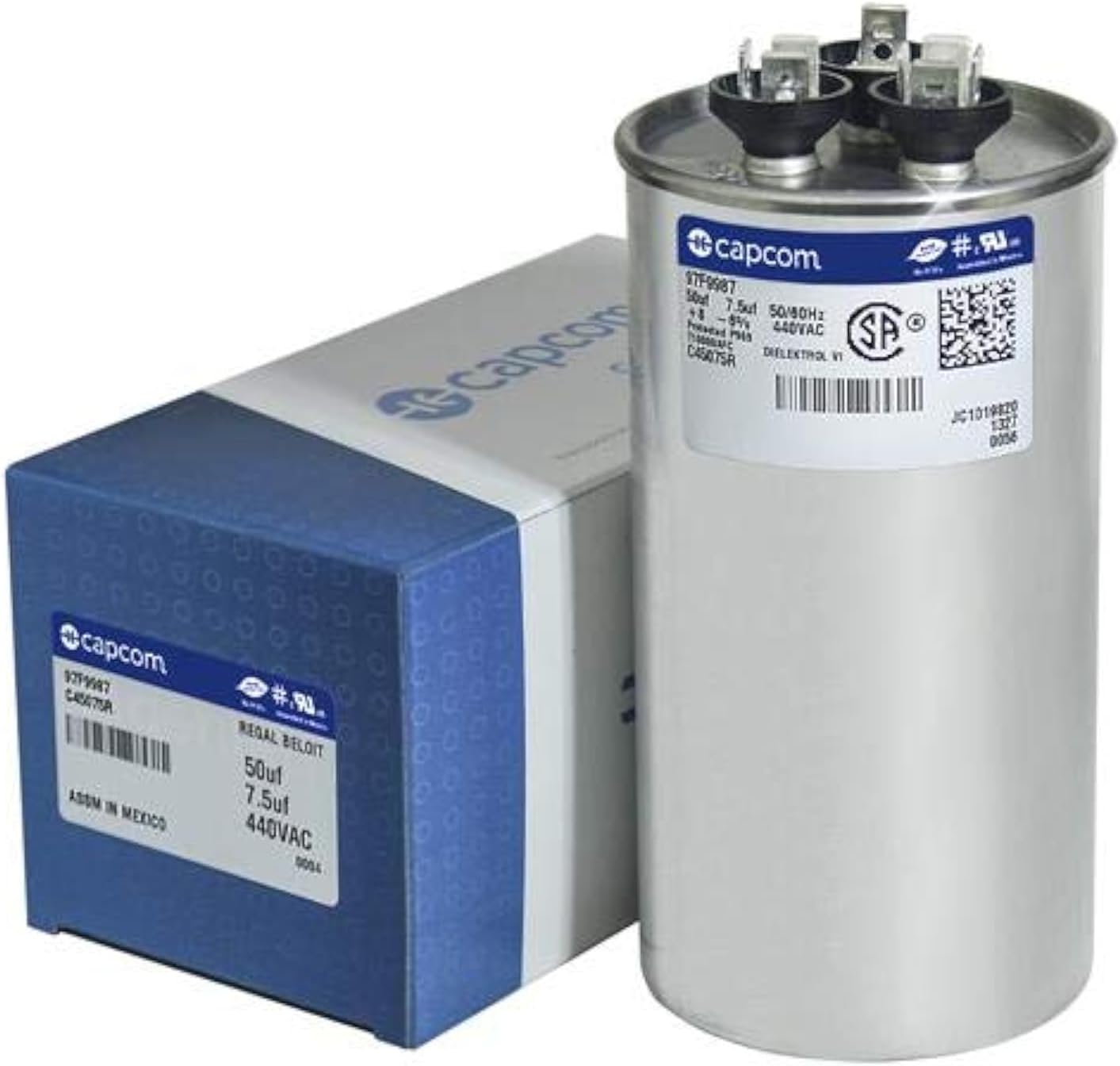 Genteq 50 + 7.5 uF MFD x 440 VAC GE Industrial Replacement Dual Capacitor Round # C45075R / 97F9987